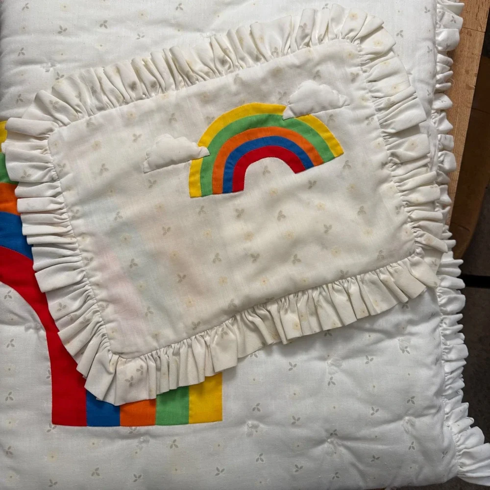 Vintage Rainbow & Clouds Ruffled Baby Quilt & Pillow Case Embroidered Nursery